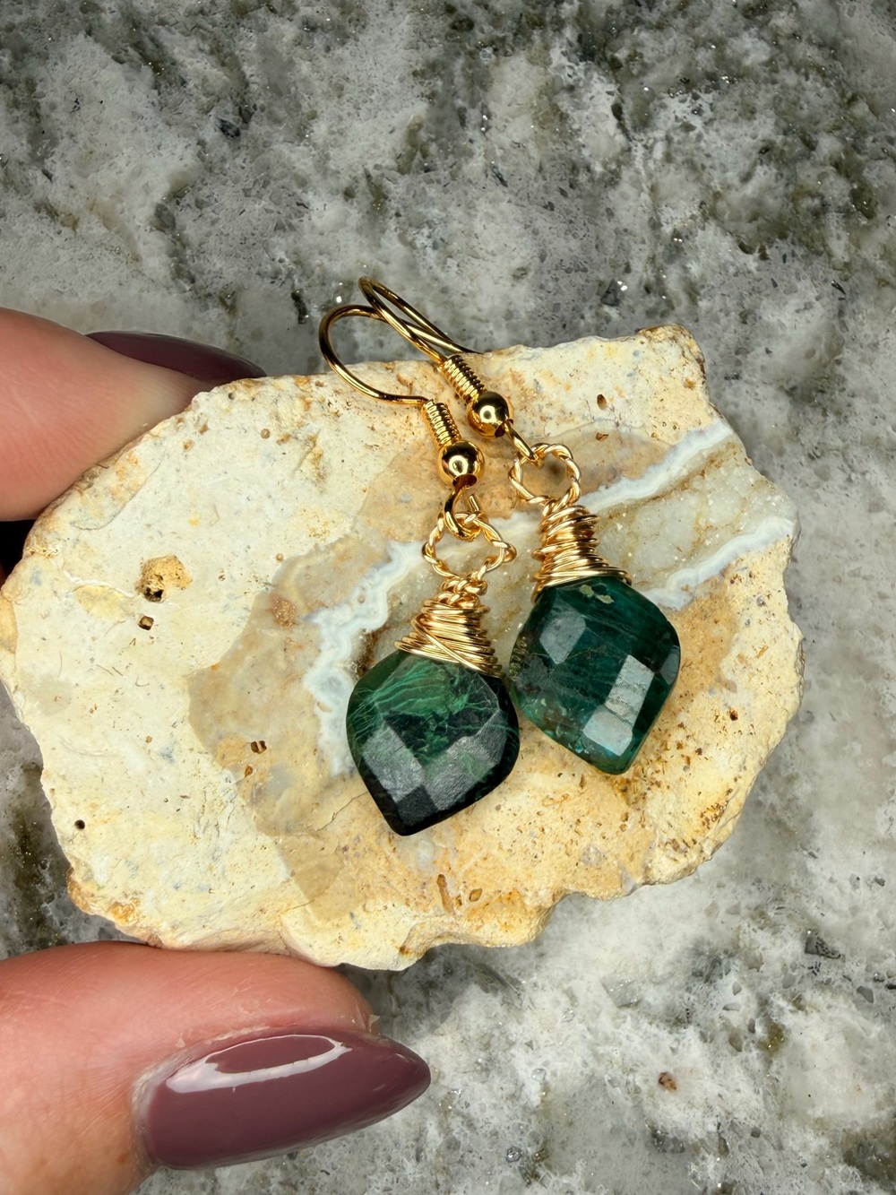 Gold Chrysocolla Wire Wrapped Stone Earrings